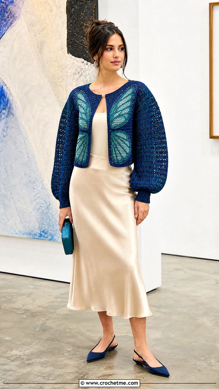 Balloon Sleeve Crochet Butterfly Cardigan With Bias Cut Skirt - 35 crochet butterfly cardigan outfit ideas
