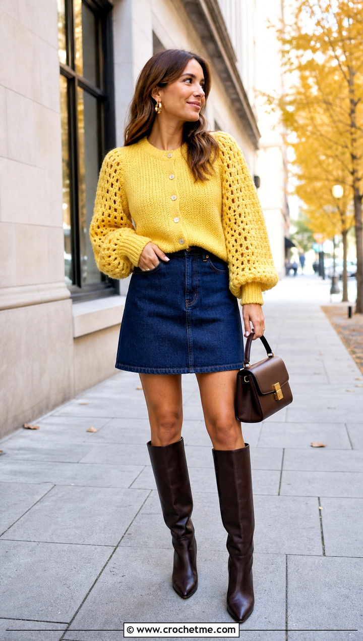 Balloon Sleeve Crochet Button Down Cardigan With Mini Skirt - 25 crochet button down cardigan outfit ideas