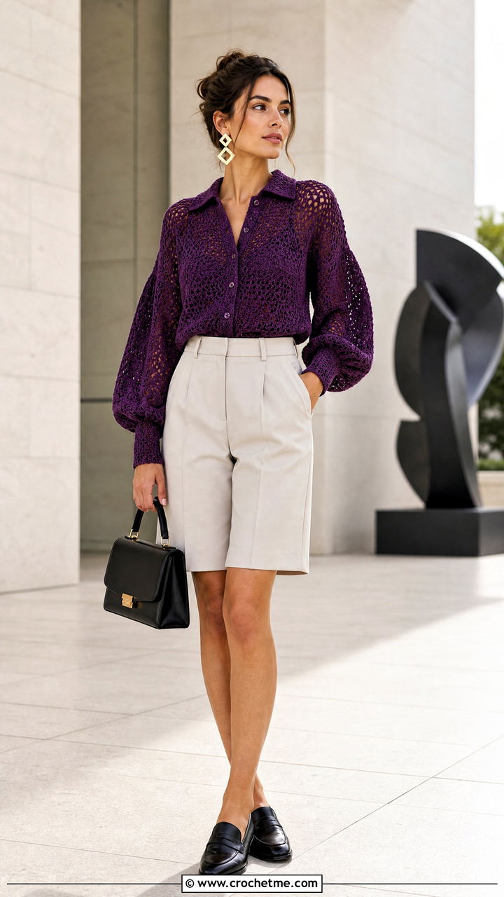 Balloon Sleeve Crochet Button Up Shirt With Tailored Knee Length Shorts - 35 crochet button up shirt outfit ideas