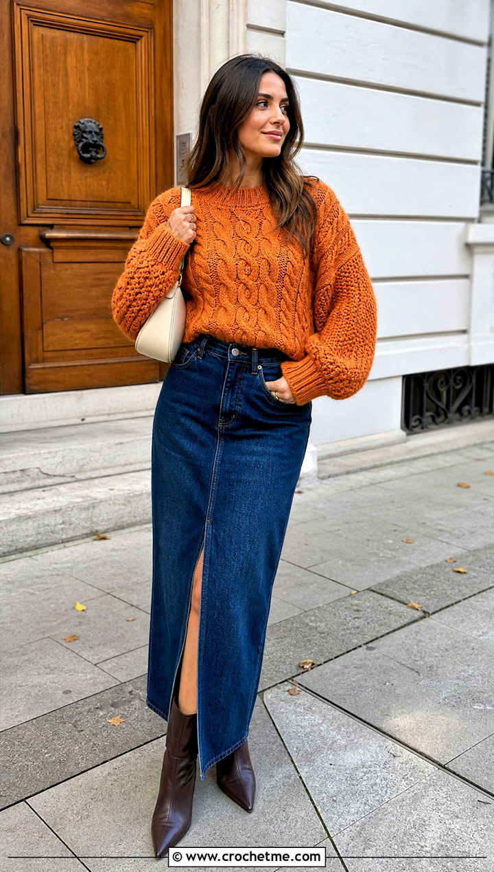 Balloon Sleeve Crochet Cable Sweater With Denim Maxi Skirt - 30 crochet cable knit sweater outfit ideas