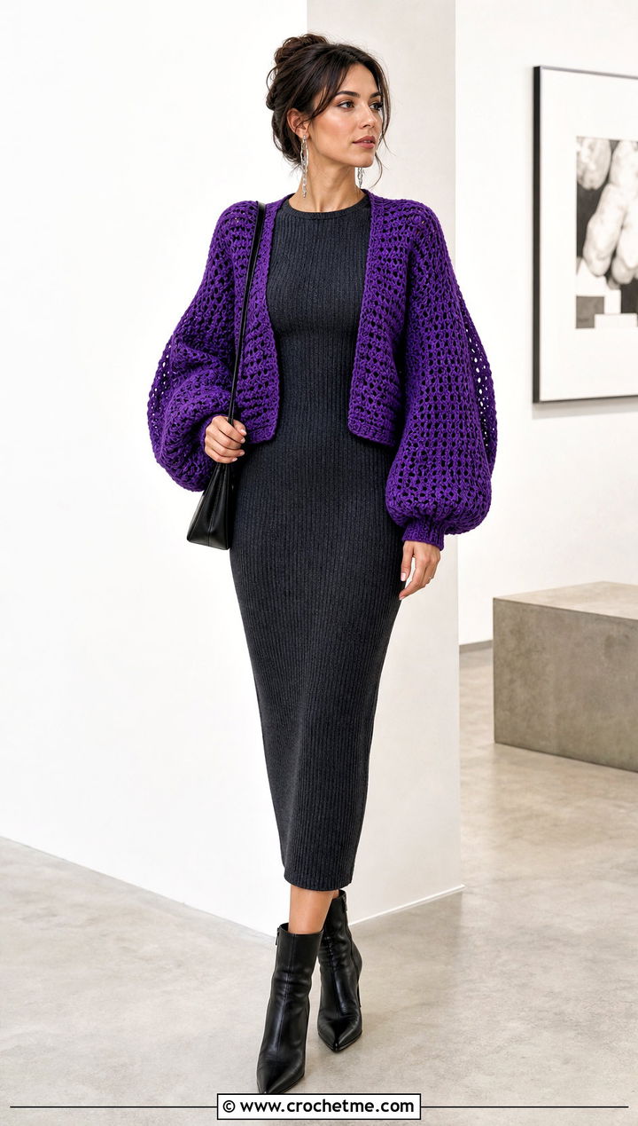 Balloon Sleeve Crochet Cardigan With Column Dress - 20 bohemian crochet cardigan outfit ideas