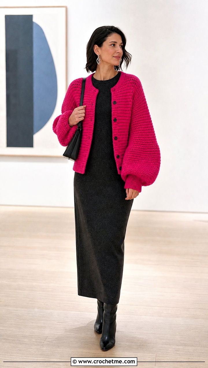 Balloon Sleeve Crochet Cardigan With Column Dress - 25 witchy crochet cardigan outfit ideas