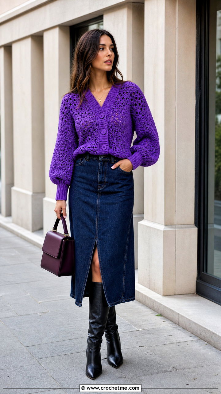 Balloon Sleeve Crochet Cardigan With Denim Midi Skirt - 35 crocheted cardigan outfit ideas