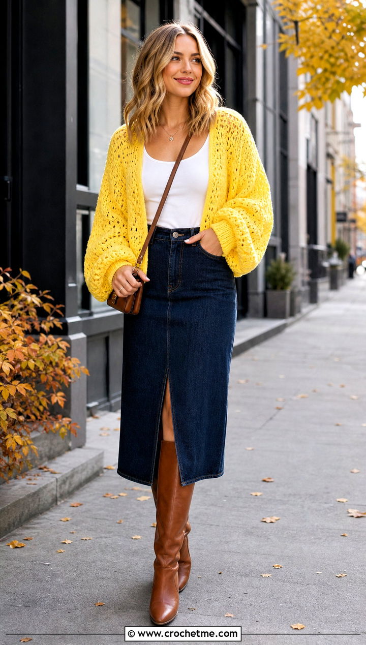 Balloon Sleeve Crochet Cardigan With Denim Midi Skirt - 30 crochet women's cardigan outfit ideas