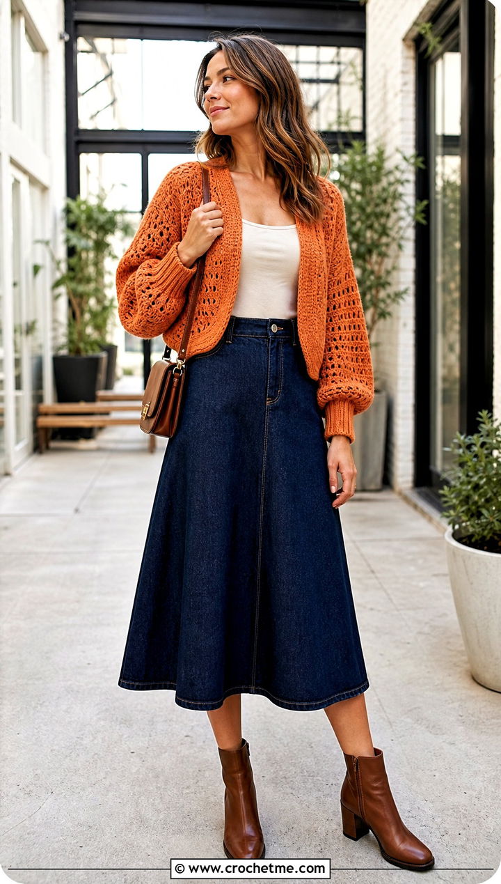 Balloon Sleeve Crochet Cardigan With Denim Skirt - 15 very easy crochet cardigan outfit ideas