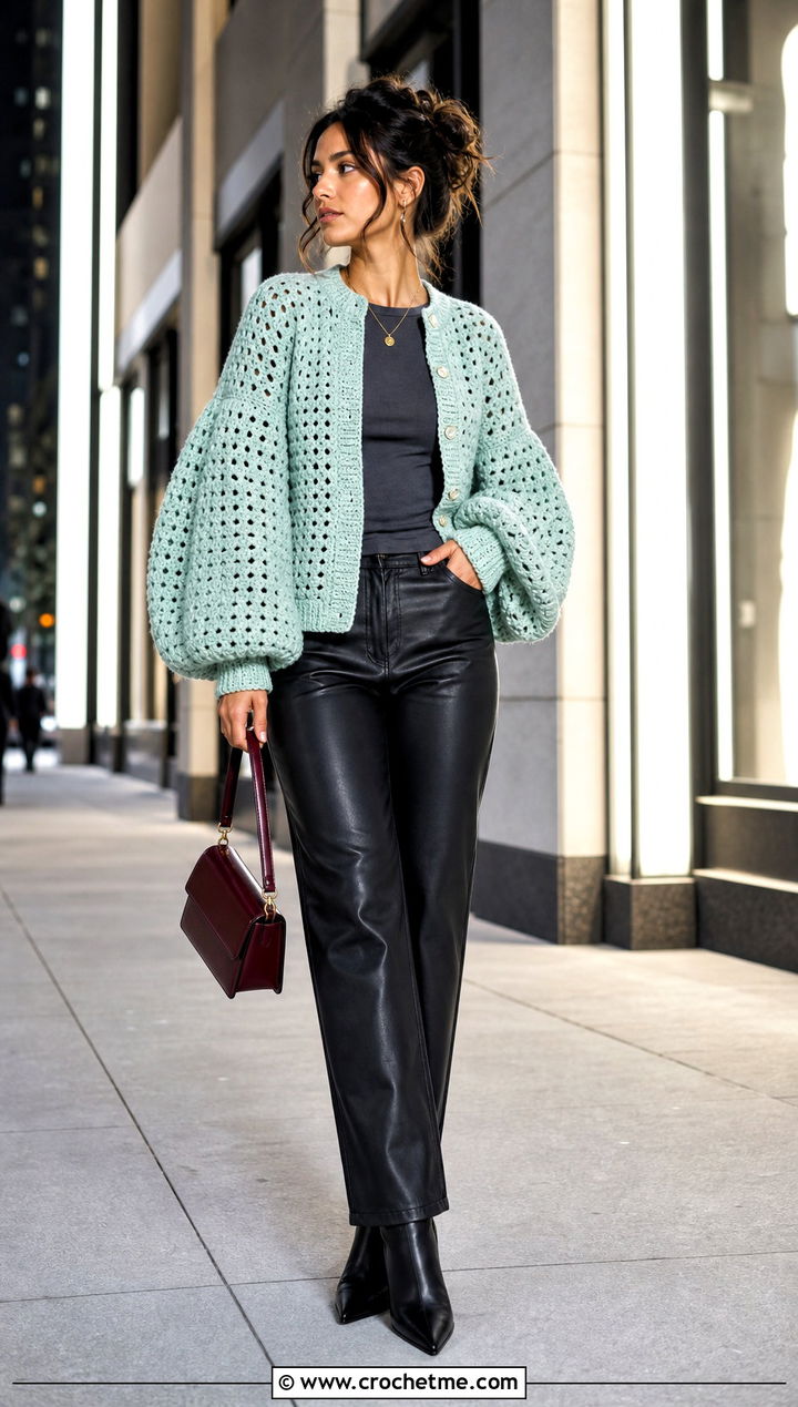 Balloon Sleeve Crochet Cardigan With Leather Pants - 30 crochet spring cardigan outfit ideas