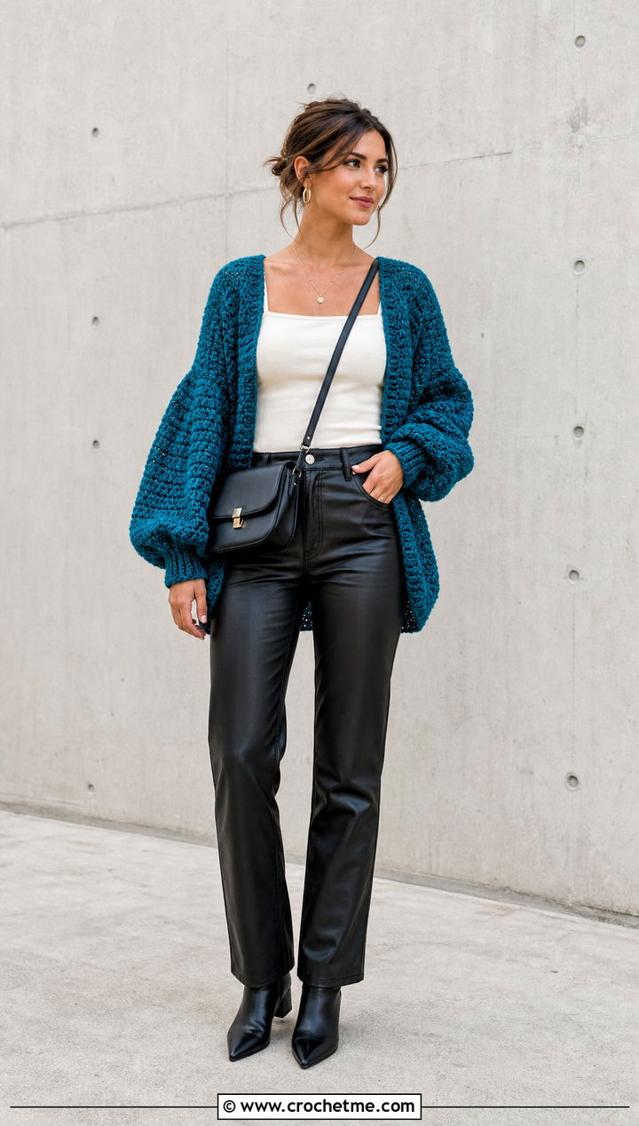 Balloon Sleeve Crochet Cardigan With Leather Pants - 20 Crochet Cardigan For Women Sweater Coats outfit ideas