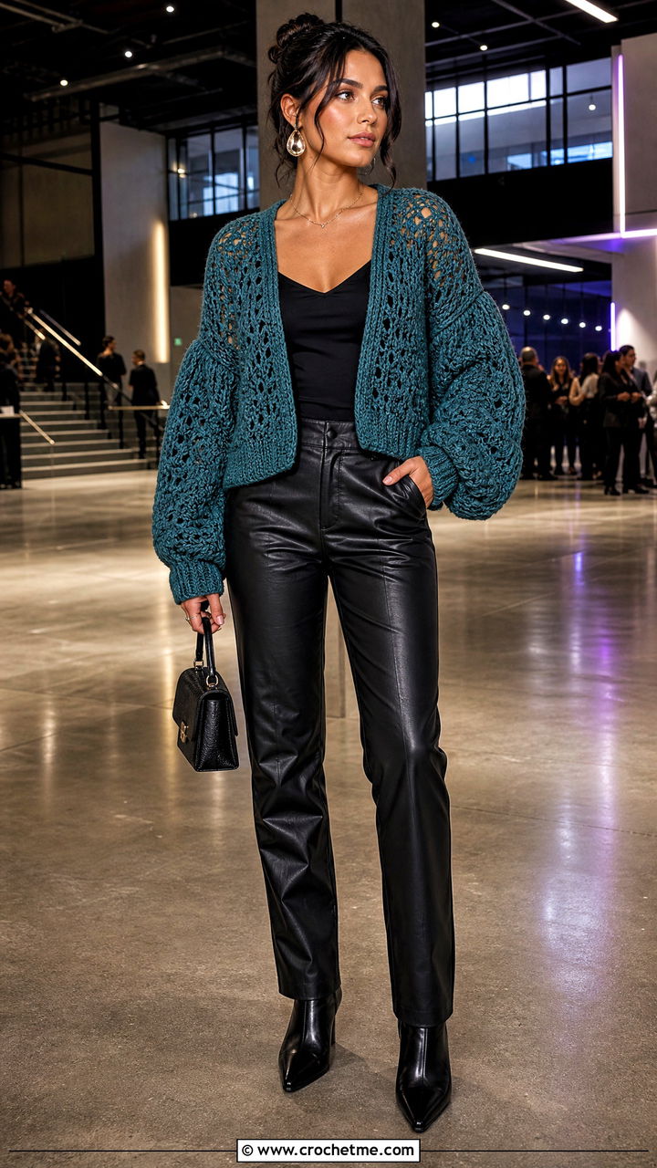 Balloon Sleeve Crochet Cardigan With Leather Pants - 35 crochet cardigan women outfit ideas