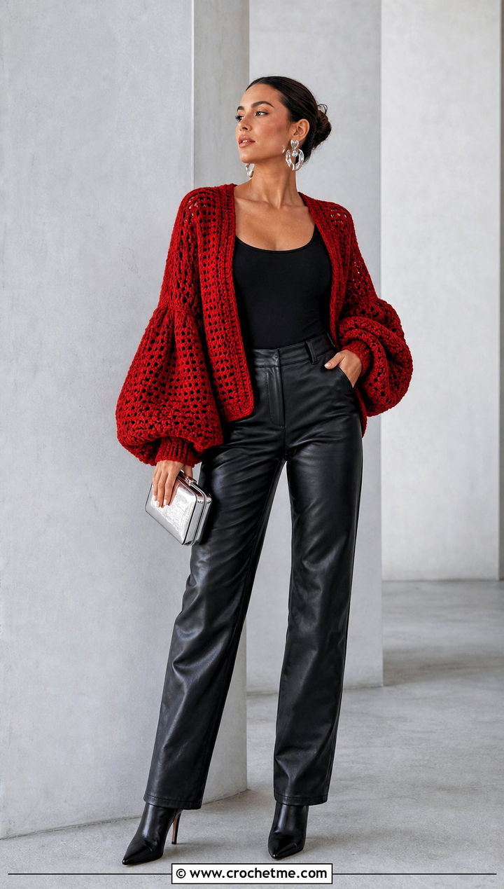 Balloon Sleeve Crochet Cardigan With Leather Pants - 35 ladies crochet cardigan outfit ideas