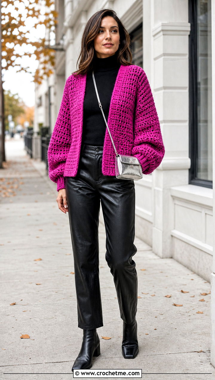 Balloon Sleeve Crochet Cardigan With Leather Pants - 15 Crochet Cardigan Fall Fashion and outfit ideas