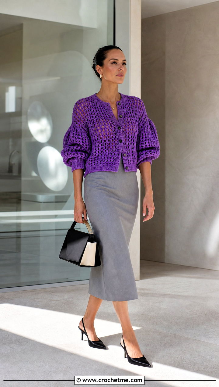 Balloon Sleeve Crochet Cardigan With Pencil Skirt - 15 Mid Summer Crochet Cardigan outfit ideas