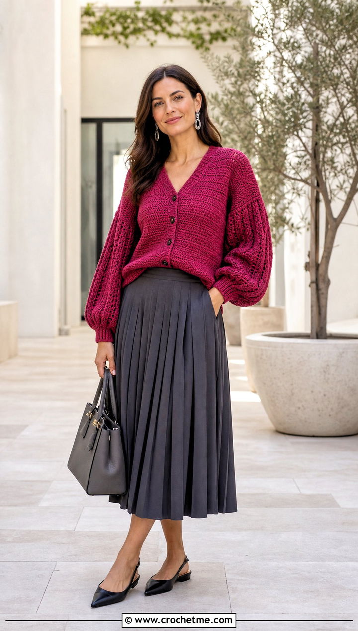 Balloon Sleeve Crochet Cardigan With Pleated Midi Skirt - 15 Crochet Womens Cardigans outfit ideas