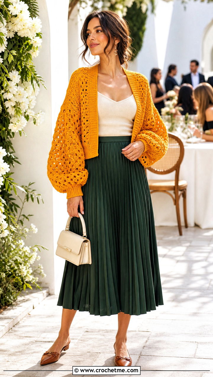 Balloon Sleeve Crochet Cardigan With Pleated Skirt - 25 long crochet sweater outfit ideas