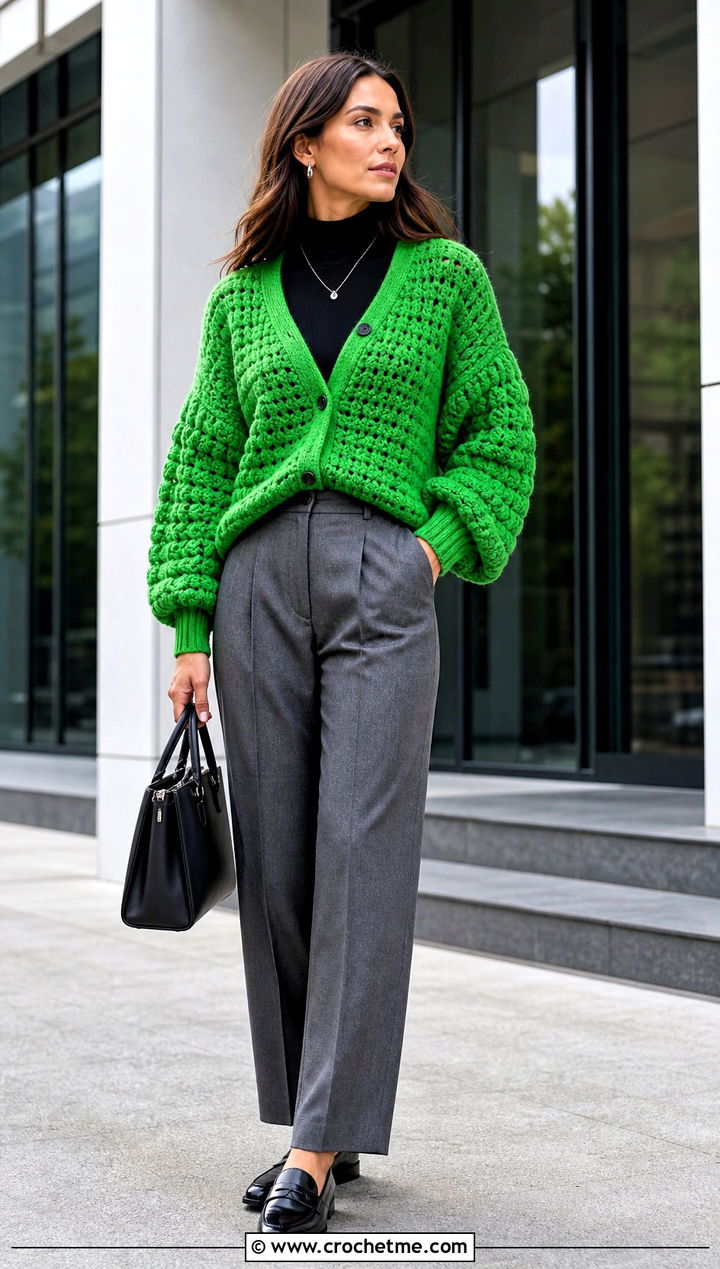 Balloon Sleeve Crochet Cardigan With Pleated Trousers - 15 Autumn Crochet Cardigan Style outfit ideas