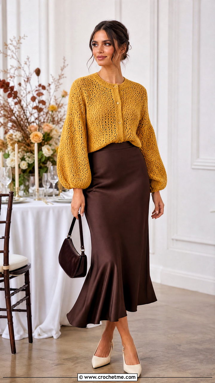 Balloon Sleeve Crochet Cardigan With Satin Midi Skirt - 35 crochet cardigan ideas