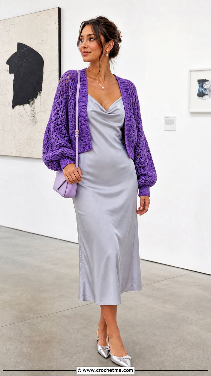Balloon Sleeve Crochet Cardigan With Satin Slip Dress - 35 oversized crochet cardigan outfit ideas