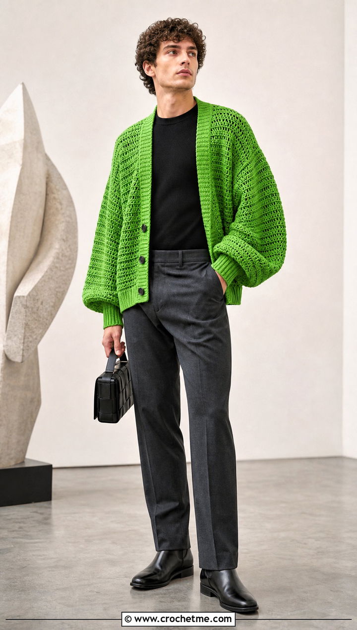 Balloon Sleeve Crochet Cardigan With Slim Trousers - 35 mens crochet cardigan outfit ideas