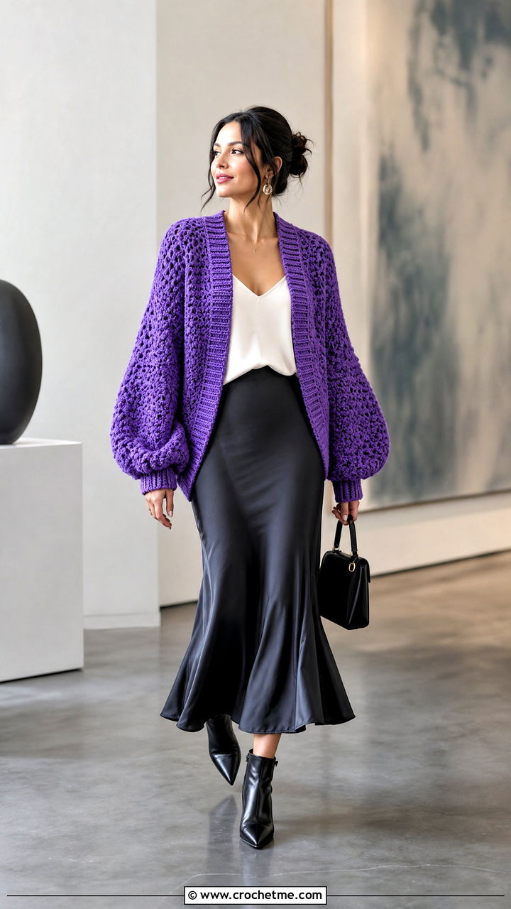 Balloon Sleeve Crochet Cardigan With Slip Skirt - 35 easy crochet cardigan outfit ideas