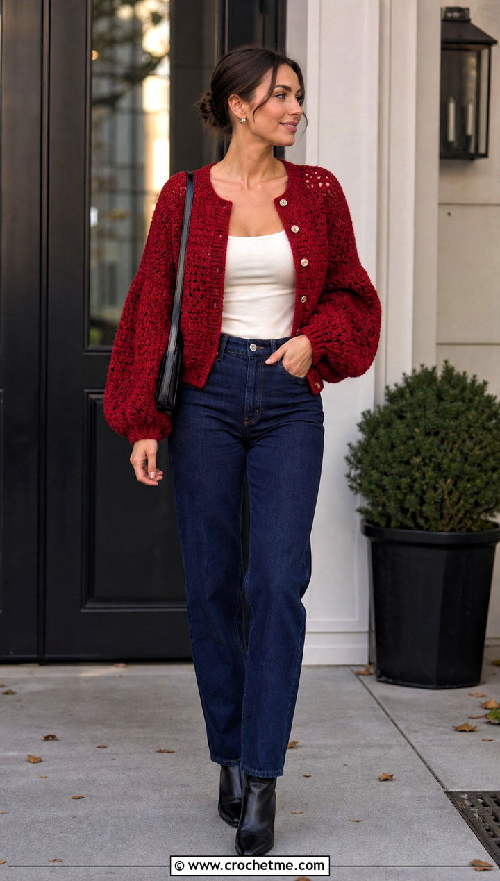Balloon Sleeve Crochet Cardigan With Straight Jeans - 20 Modern Crochet Cardigan outfit ideas