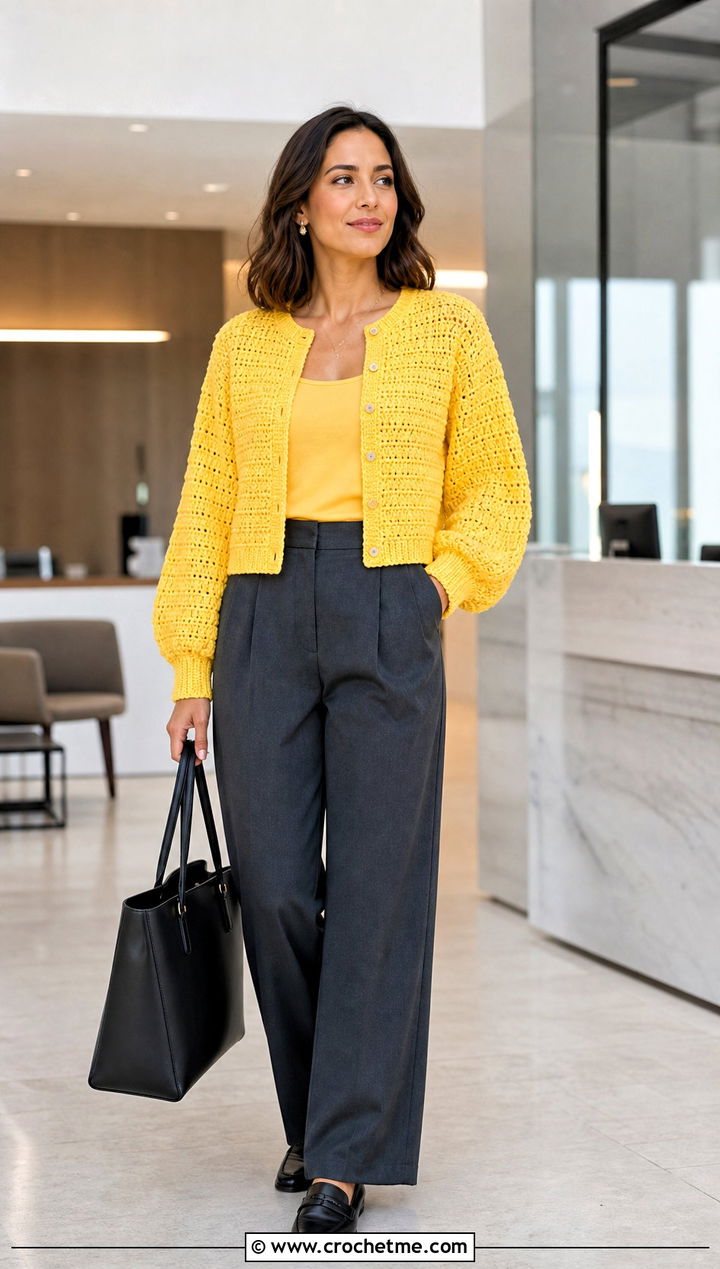 Balloon Sleeve Crochet Cardigan With Tailored Trousers - 15 Aesthetic Crochet Cardigan outfit ideas