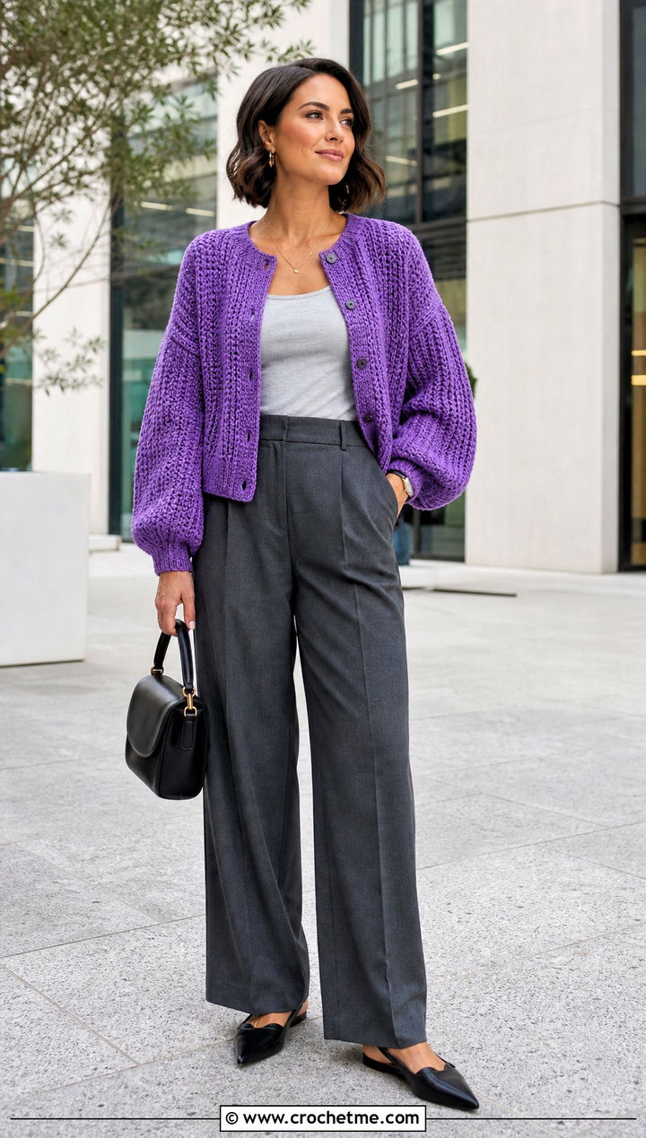 Balloon Sleeve Crochet Cardigan With Tailored Trousers - 25 womens crochet cardigan outfit ideas