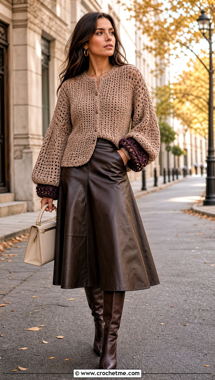 Balloon Sleeve Crochet Cardigan With a Leather Skirt - 15 neutral tone crochet cardigan outfit ideas