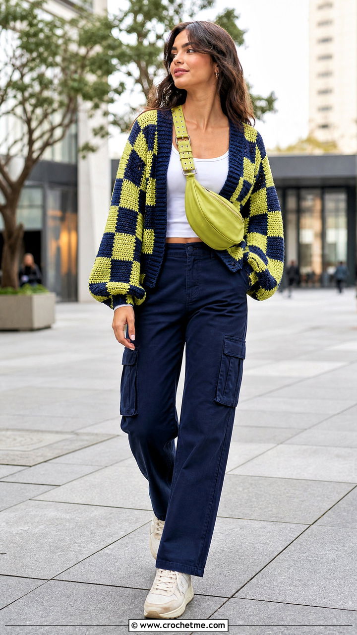 Balloon Sleeve Crochet Checkered Cardigan With Cargo Pants - 35 crochet checkered cardigan outfit ideas