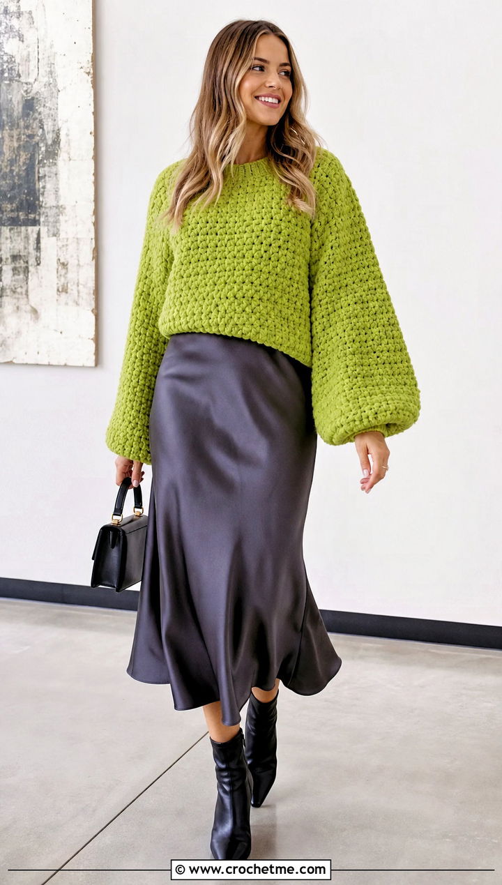 Balloon Sleeve Crochet Chenille Sweater With Satin Midi Skirt - 25 crochet chenille sweater outfit ideas