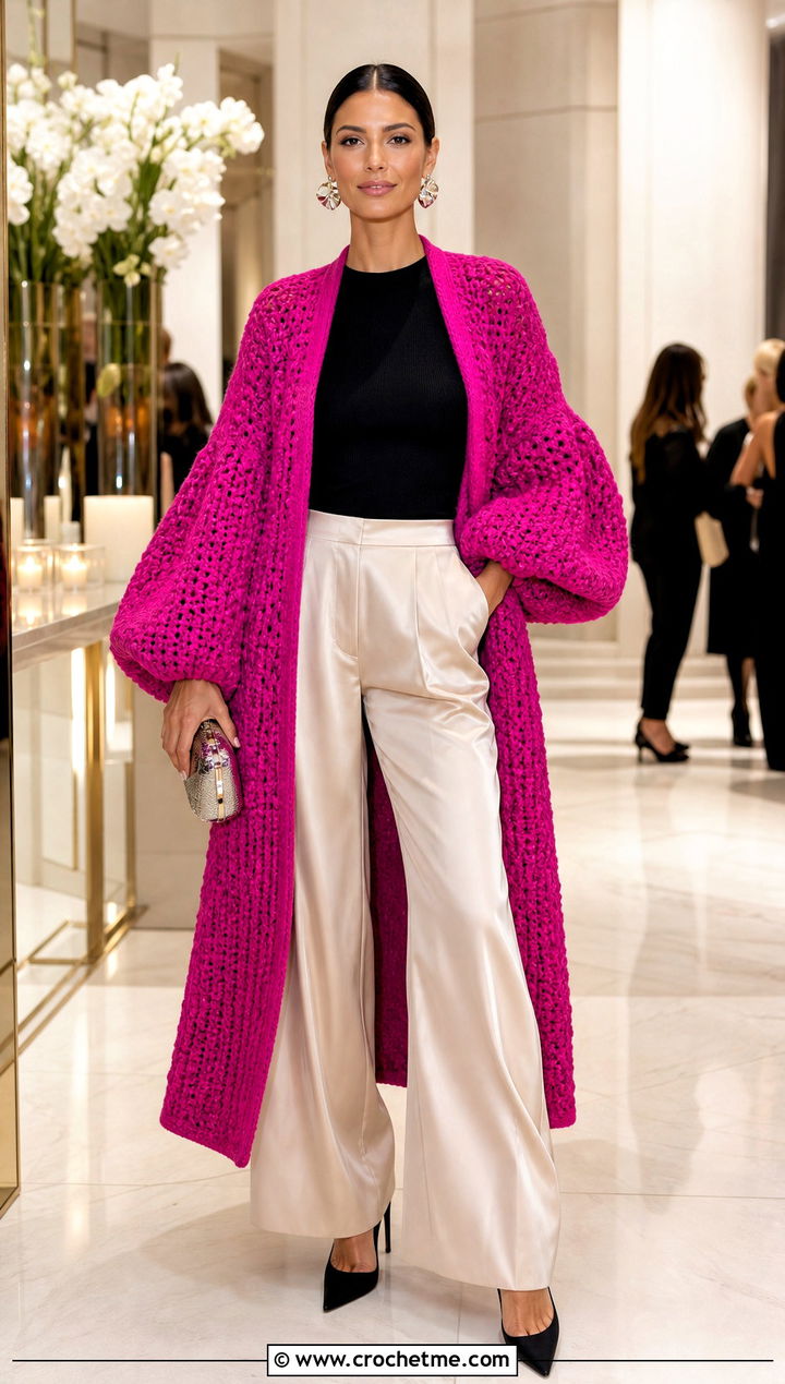 Balloon Sleeve Crochet Coat With Satin Pants - 25 Crochet Coat For Women outfit ideas