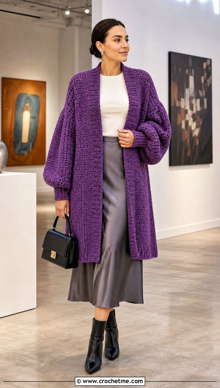 Balloon Sleeve Crochet Coatigan With Satin Skirt - 30 crochet long cardigan sweater coats outfit ideas