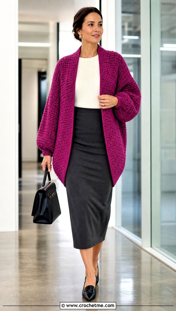 Balloon Sleeve Crochet Cocoon Cardigan With Pencil Skirt - 15 Easy Crochet Cocoon Cardigan outfit ideas