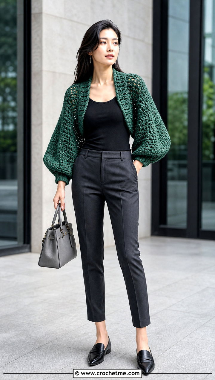 Balloon Sleeve Crochet Cocoon Shrug With Slim Trousers - 30 crochet cocoon shrug outfit ideas
