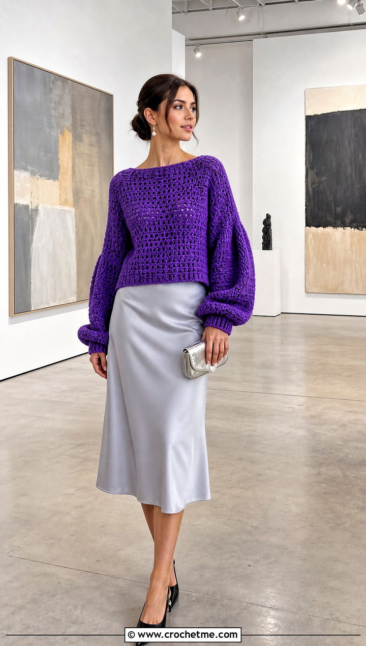 Balloon Sleeve Crochet Couch Sweater With Satin Midi Skirt - 15 Crochet Couch Sweater outfit ideas
