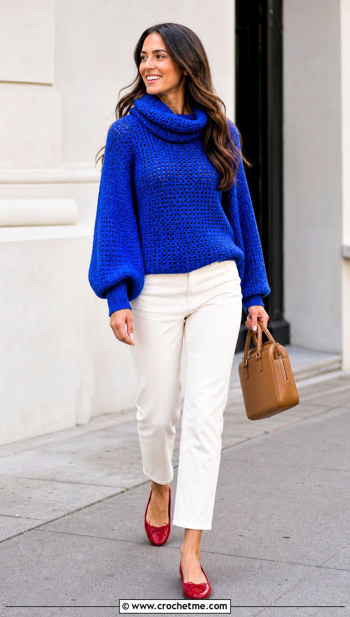 Balloon Sleeve Crochet Cowl Neck Sweater With Ankle Jeans - 25 Crochet Cowl Neck Sweater outfit ideas