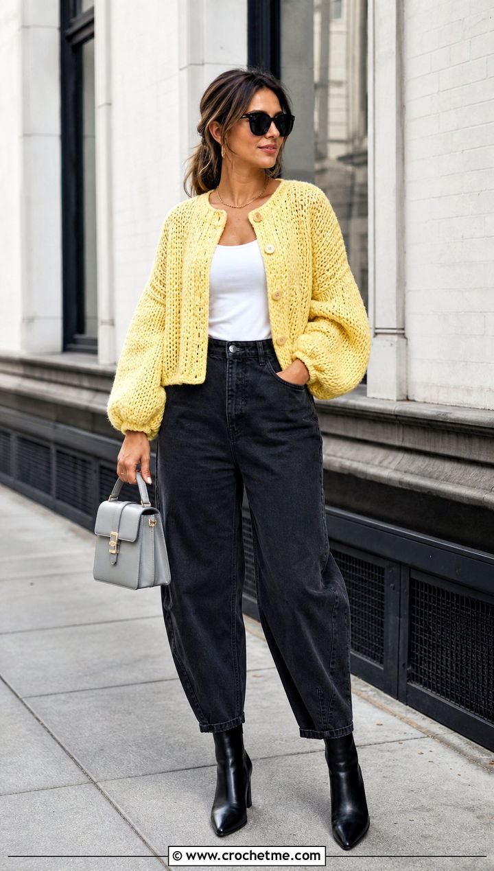 Balloon Sleeve Crochet Crew Neck Cardigan With Barrel Jeans - 20 crochet crew neck cardigan outfit ideas