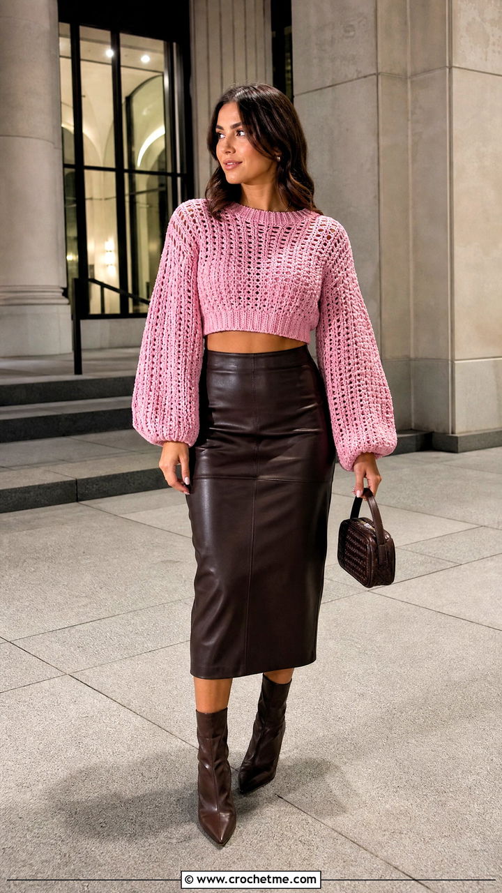 Balloon Sleeve Crochet Crop Sweater With Leather Midi Skirt - 35 crochet crop sweater outfit ideas