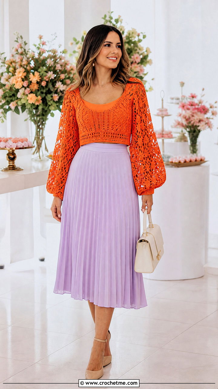 Balloon Sleeve Crochet Crop Top With Pleated Skirt - 35 trendy crochet tops outfit ideas