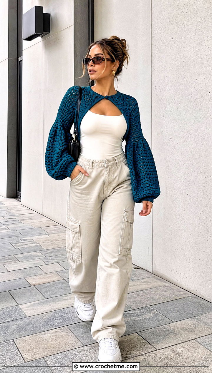 Balloon Sleeve Crochet Cropped Shrug With Cargo Pants - 25 Crochet Cropped Shrug outfit ideas