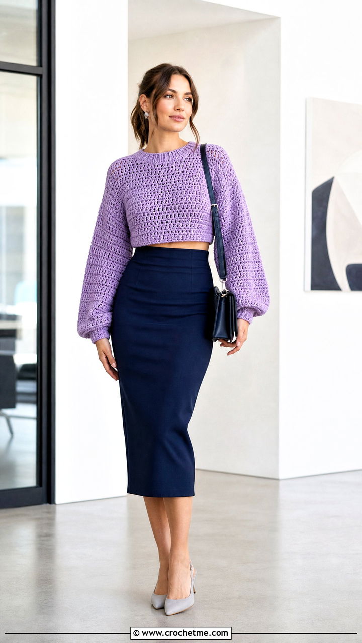 Balloon Sleeve Crochet Cropped Sweater With Pencil Skirt - 35 crochet cropped sweater outfit ideas