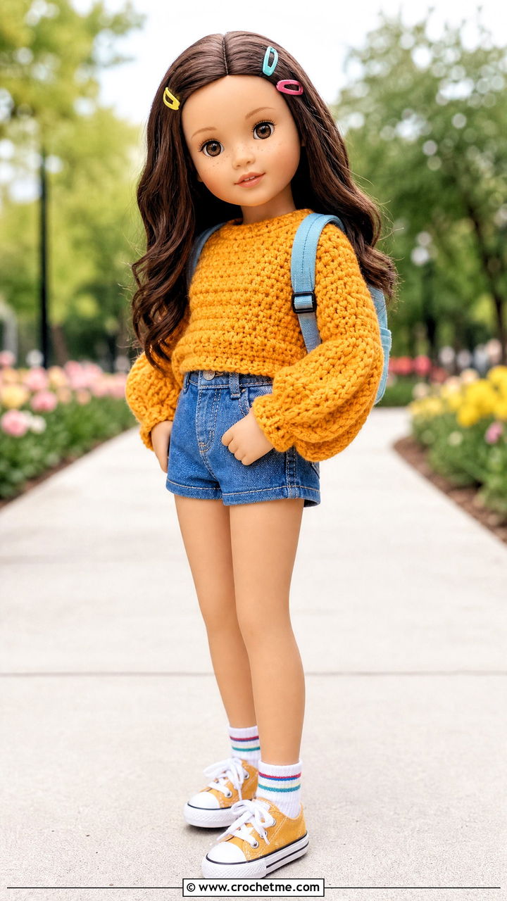 Balloon Sleeve Crochet Doll Sweater With Denim Shorts - 35 crochet doll sweater outfit ideas
