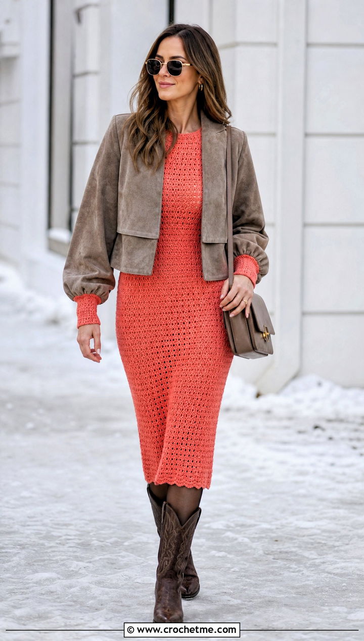 Balloon Sleeve Crochet Dress With Cowboy Boots - 30 crochet dress for winter outfit ideas