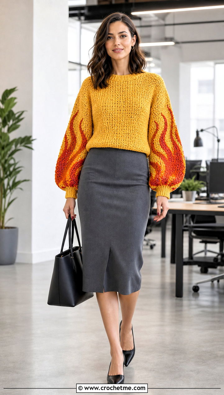 Balloon Sleeve Crochet Fire Sweater With Pencil Skirt - 25 Crochet Fire Sweater outfit ideas