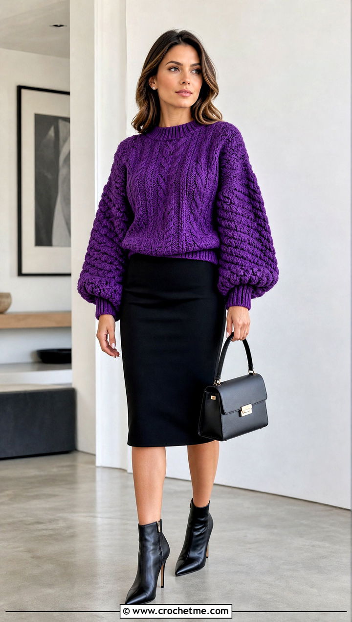 Balloon Sleeve Crochet Fisherman Sweater With Pencil Skirt - 25 crochet fisherman sweater outfit ideas