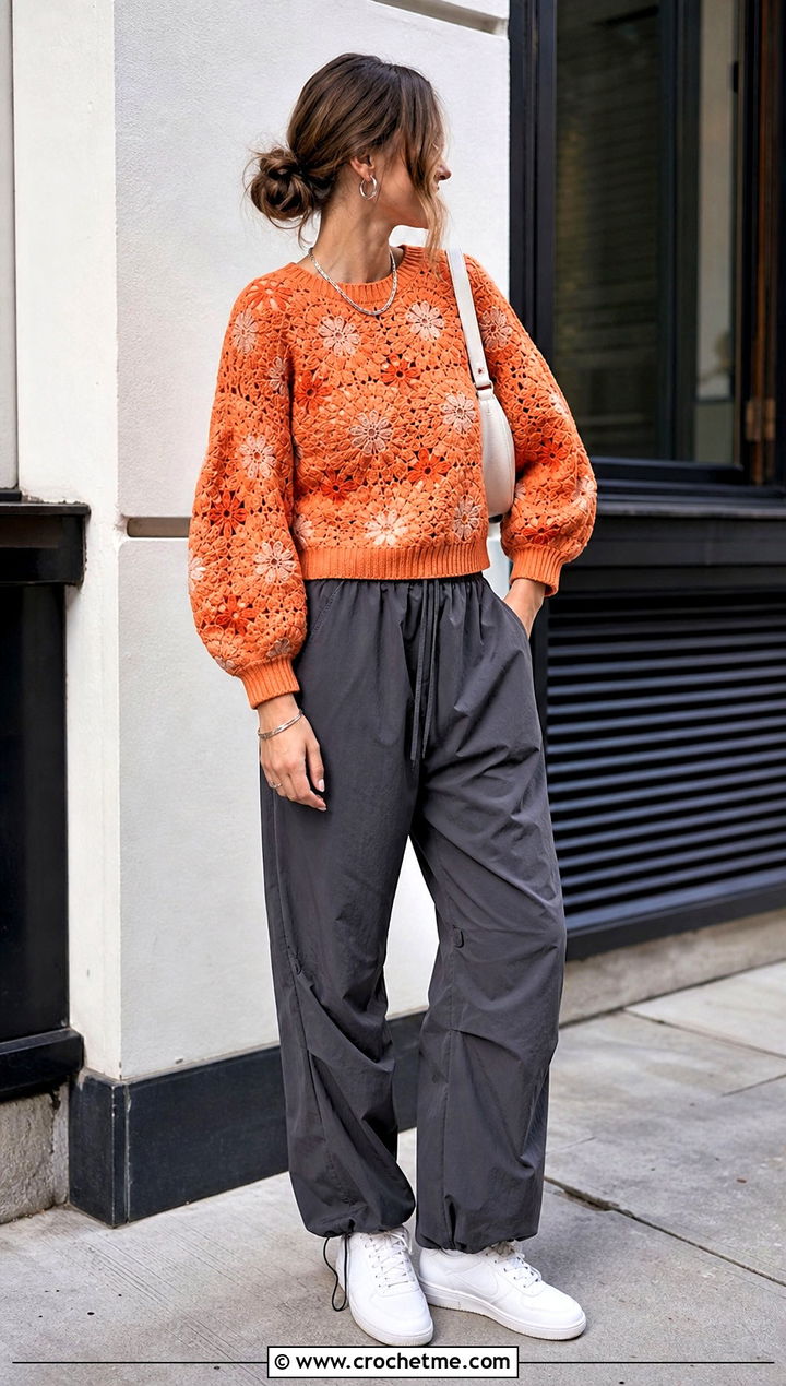 Balloon Sleeve Crochet Flower Sweater With Parachute Pants - 30 crochet flower sweater outfit ideas
