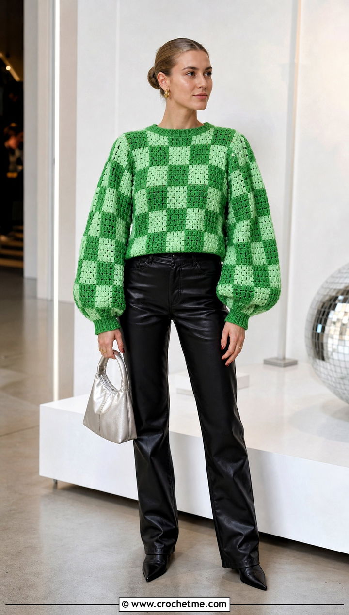 Balloon Sleeve Crochet Gingham Sweater With Leather Pants - 25 Crochet Gingham Sweater outfit ideas