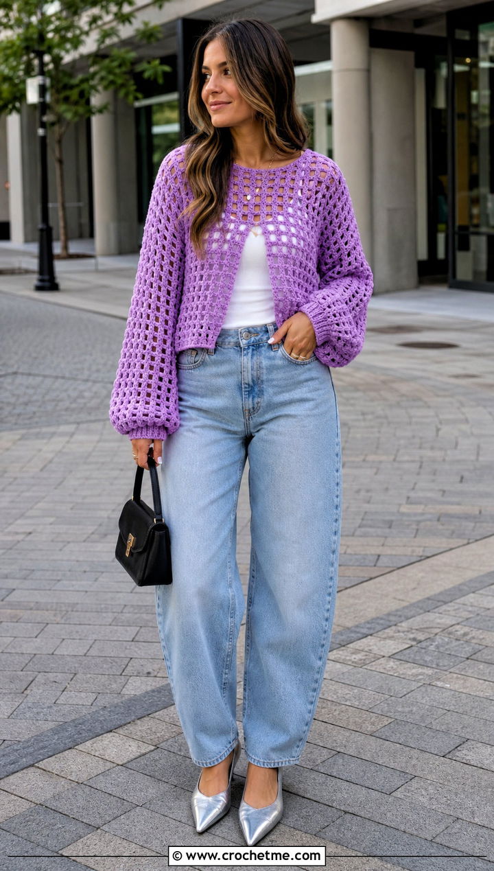 Balloon Sleeve Crochet Grid Sweater With Barrel Jeans - 30 crochet grid sweater outfit ideas