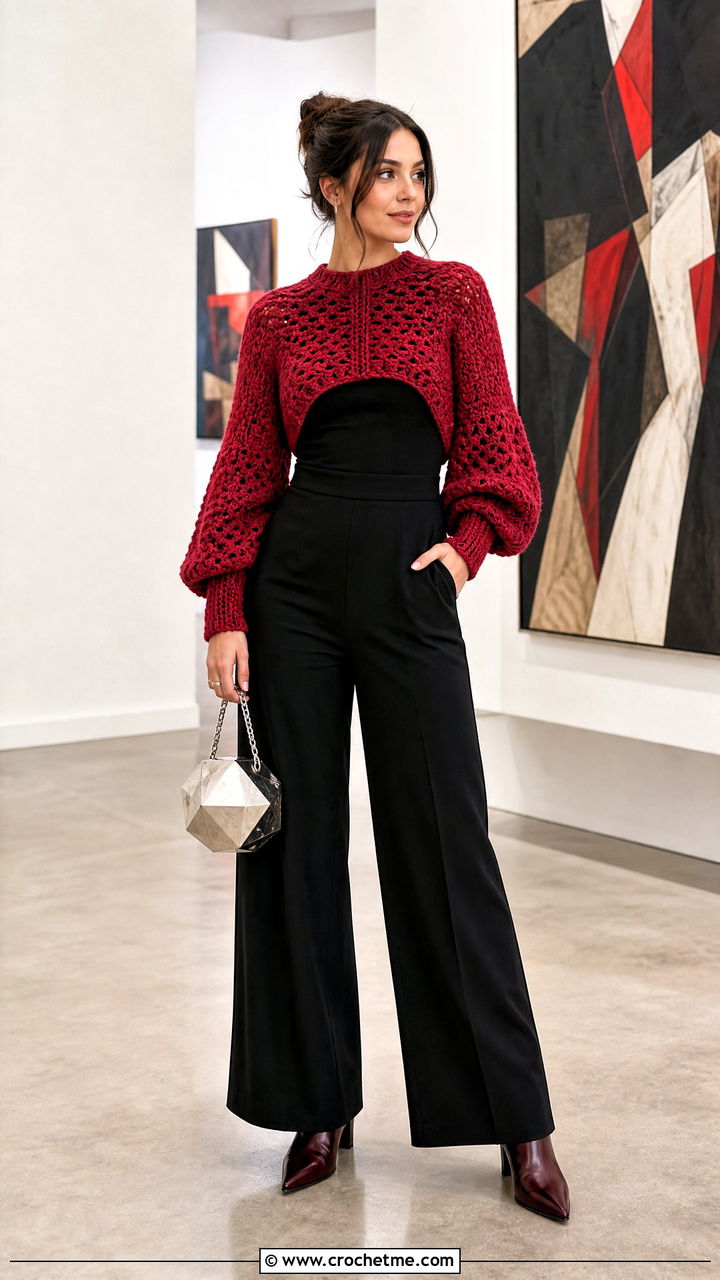Balloon Sleeve Crochet Half Sweater With Jumpsuit - 35 crochet half sweater outfit ideas