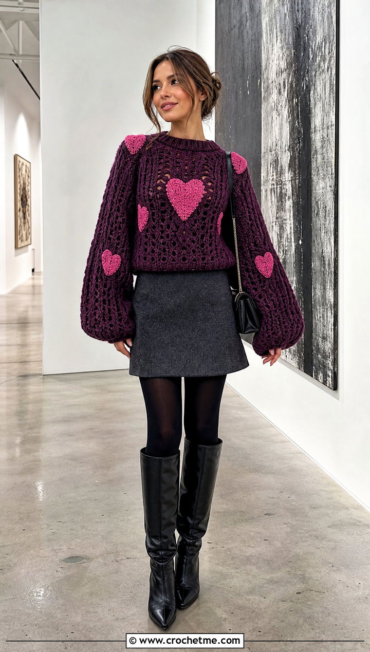 Balloon Sleeve Crochet Heart Sweater With Mini Skirt - 25 crochet valentine sweater outfit ideas