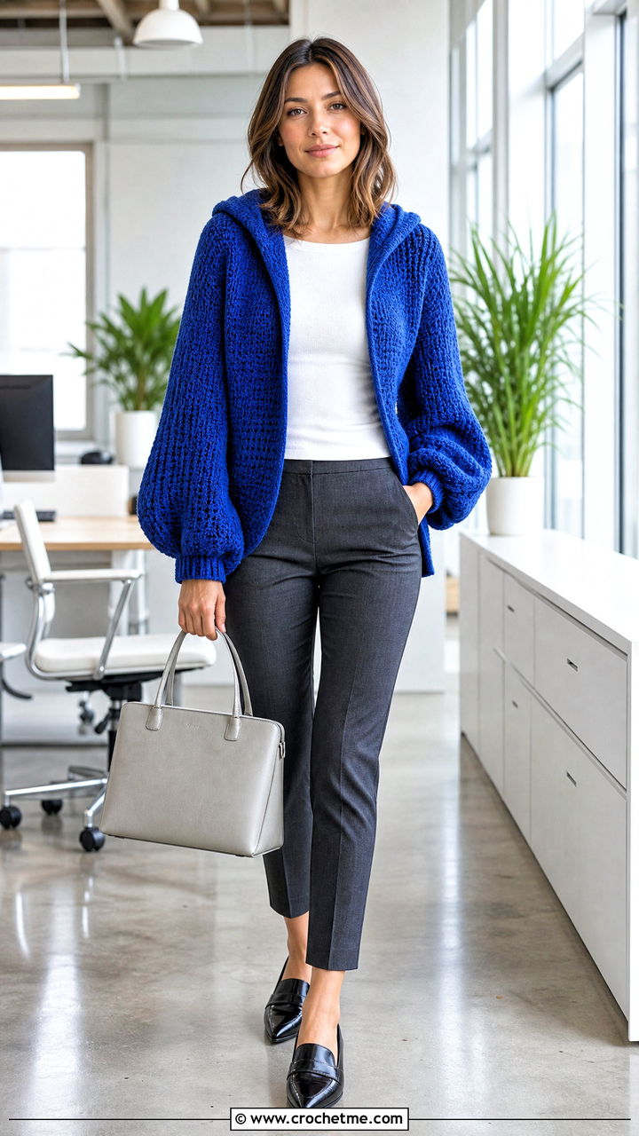 Balloon Sleeve Crochet Hooded Cardigan With Cigarette Pants - 35 crochet hooded cardigan outfit ideas