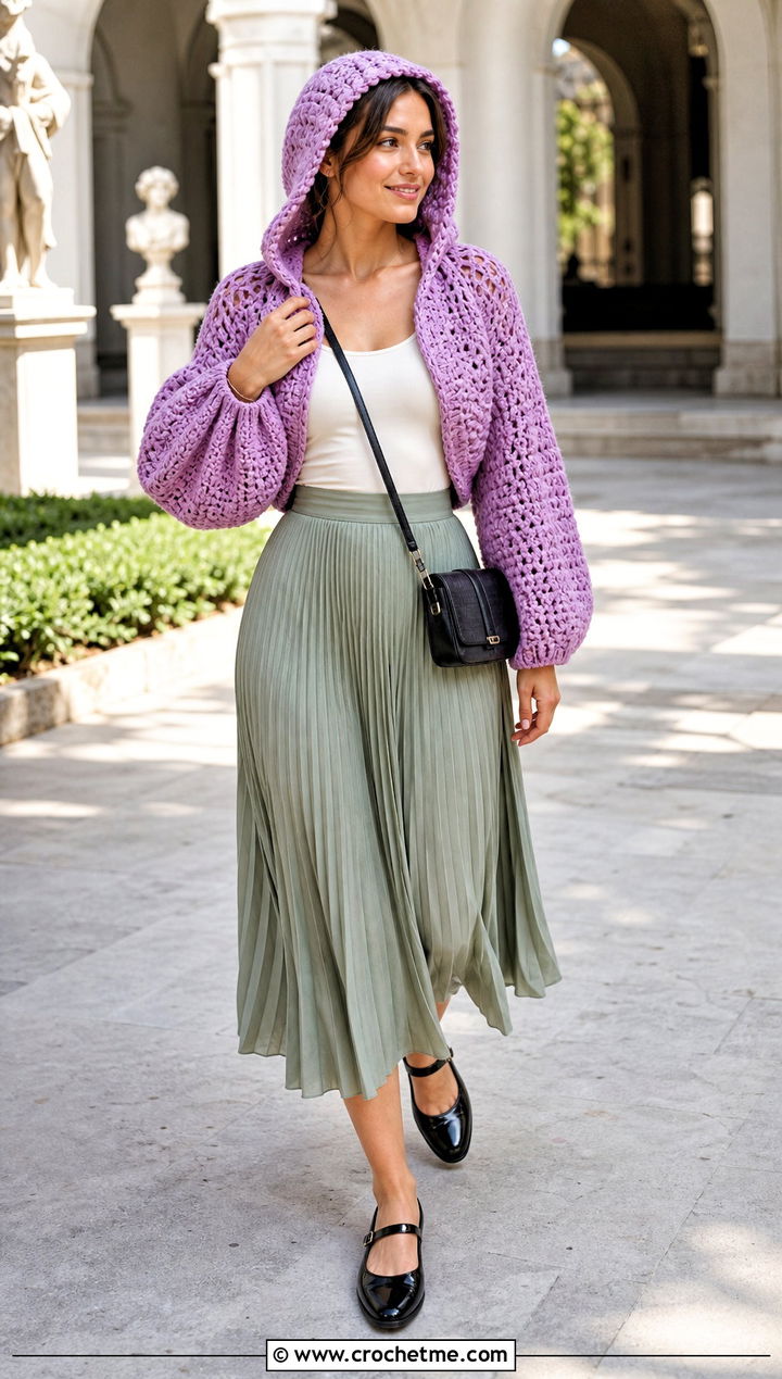 Balloon Sleeve Crochet Hooded Shrug With Pleated Skirt - 30 Crochet Hooded Shrug outfit ideas